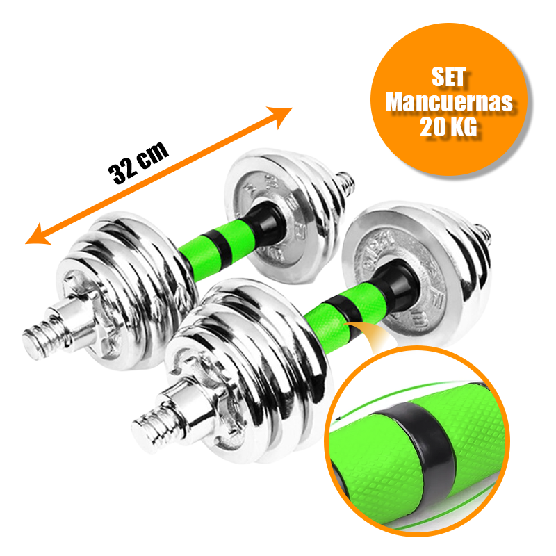 Set 2 Mancuernas Pesas acero cromado + Discos 20 Kg
