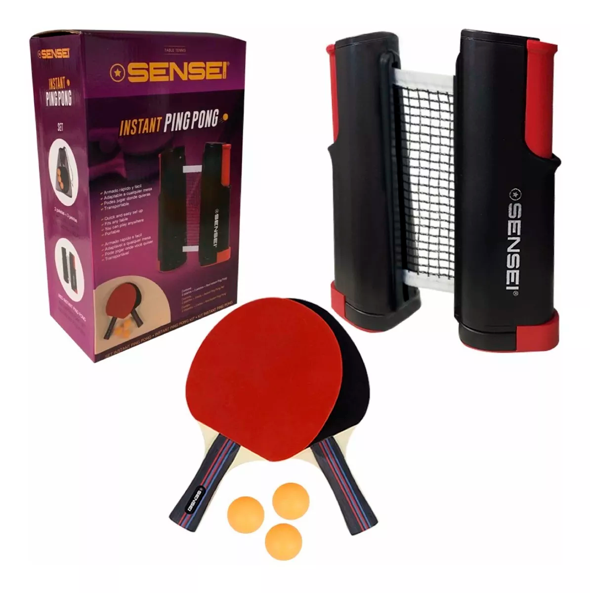 Set Ping Pong + Par paletas + Red retractil rollnet + 3 Pelotas -Ajust