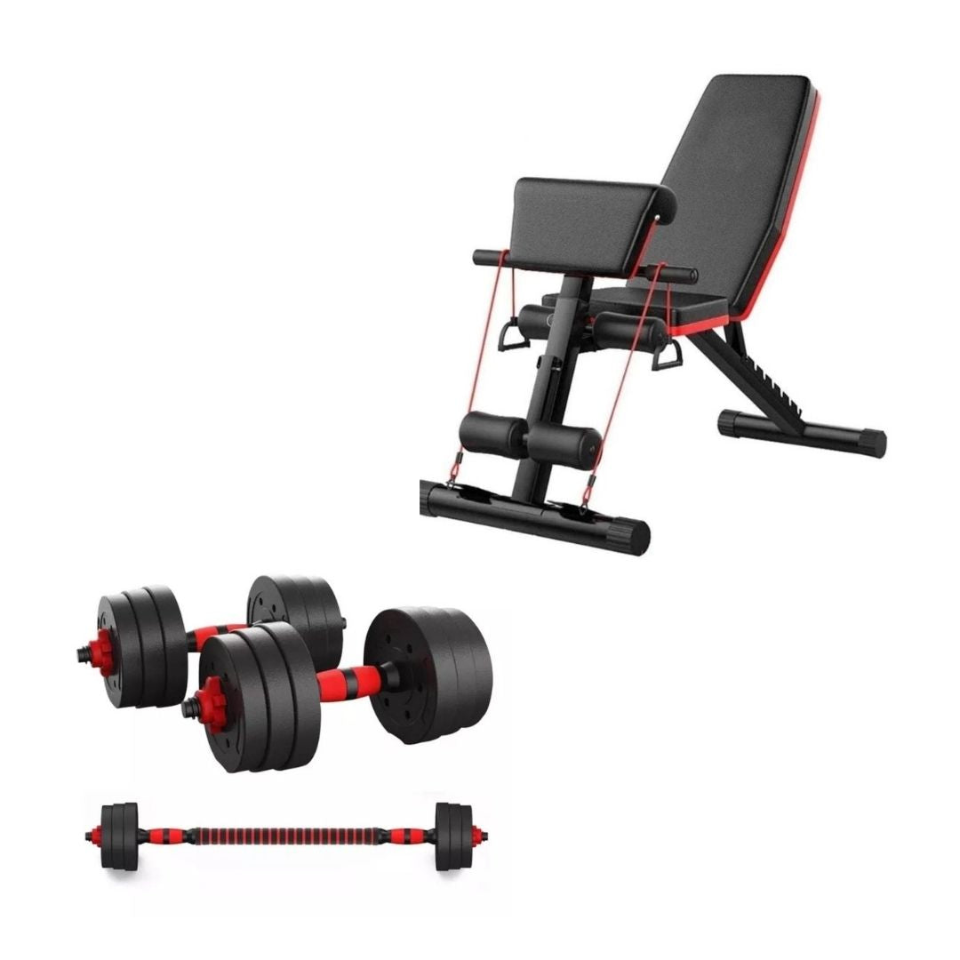 PACK BANCA INCLINABLE MULTIFUNCIONAL + PAR MANCUERNAS + 40KGS EN DISCOS