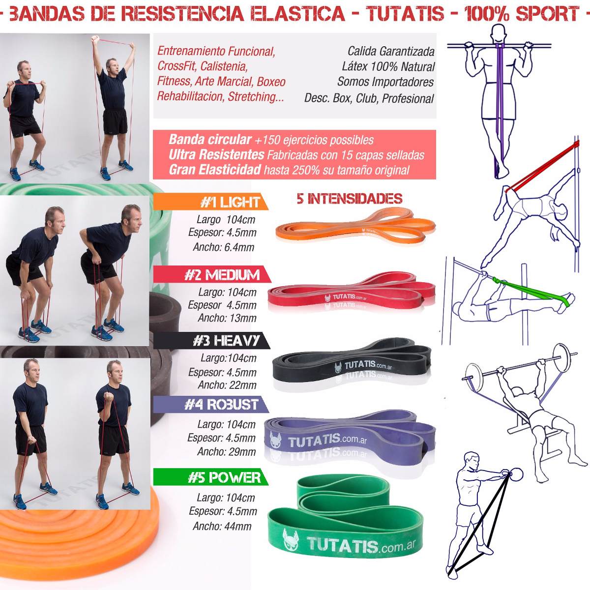Pack Bandas largas Calistenia, ancho 45 + 32 + 21 + 12 mm