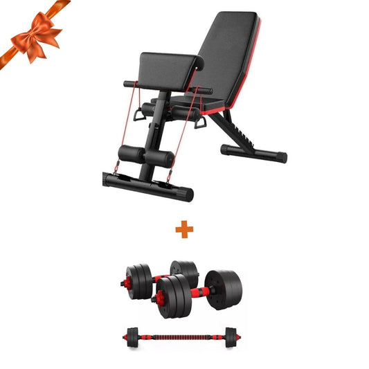 PACK BANCA CURL INCLINABLE MULTIFUNCIONAL +PAR MANCUERNAS +20KGS EN DISCOS