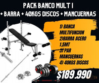 PACK PRESS BANCA MULTIFUNCIONAL AJUSTABLE + BARRA+ PAR MANCUERNAS + 40KGS EN DISCOS