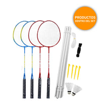 Pack Badminton 4+Raquetas +Plumillas +Red + Soportes + Bolso